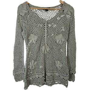 Sydney Easton Sage Green Crochet Open Knit Floral Applique V-Neck Sweater Size M